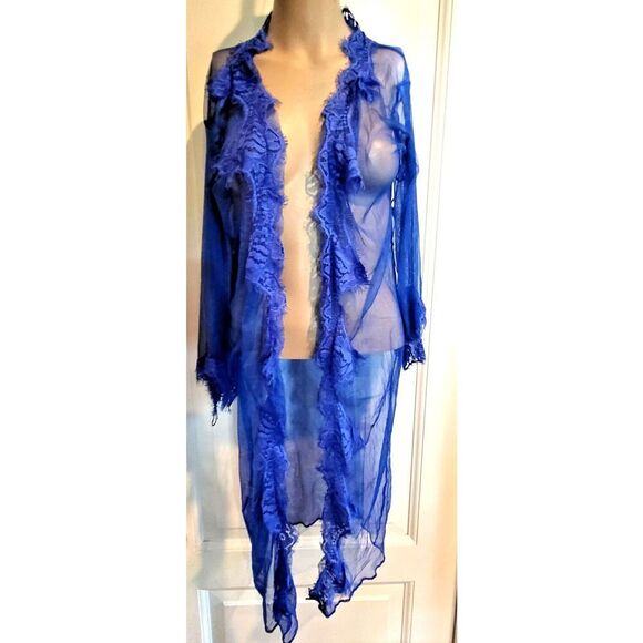 Vintage Blue Mesh Lingerie Festival Robe 100% Cotton Lace Edging One Size - Picture 1 of 5